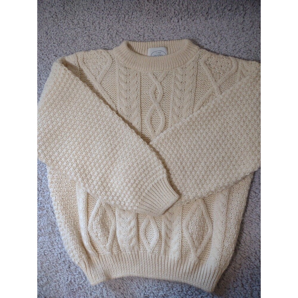 Unisex Celtic Woollens Cream 100% Wool Sweater Sz M Chunky Cable Knit Course
